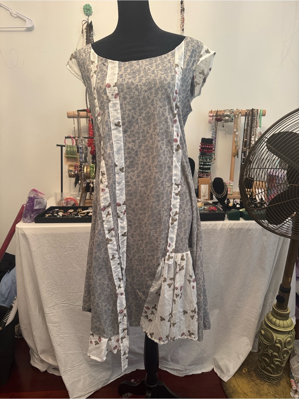 Ian Mosh Boho Midi Dress in Gray and Cream Floral Patchwork